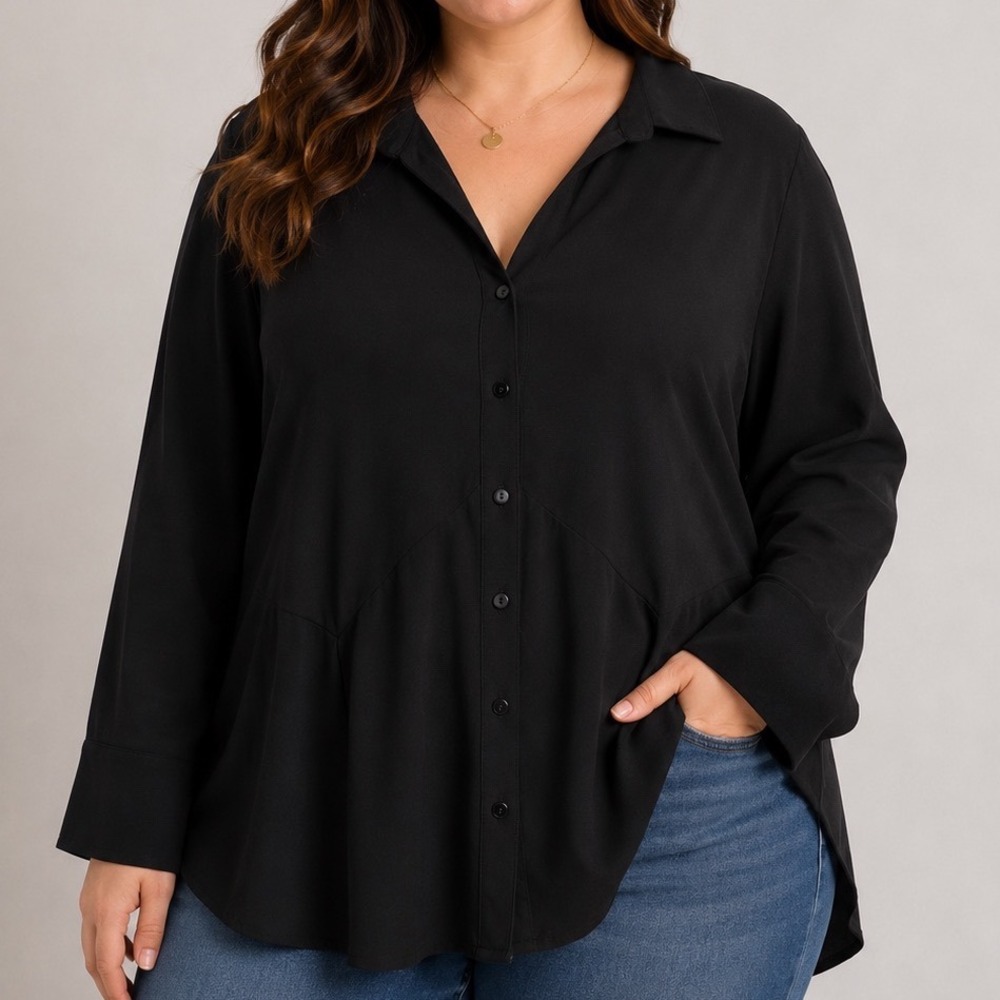 Notations Woman Black Button Front Blouse 2X Plus Size Career Office Stretch Top